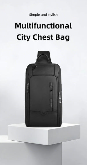 Black multifunctional city chest bag with top handle and front zip pocket