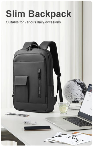 Black slim backpack with front pocket, side zipper, and adjustable shoulder straps