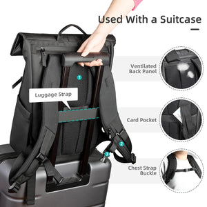 Black roll-top backpack with luggage strap, ventilated back panel, chest strap buckle, card pocket