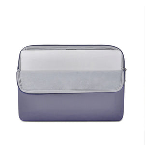 Laptop and tablet sleeve, light gray lining with zip opening and purple outer.