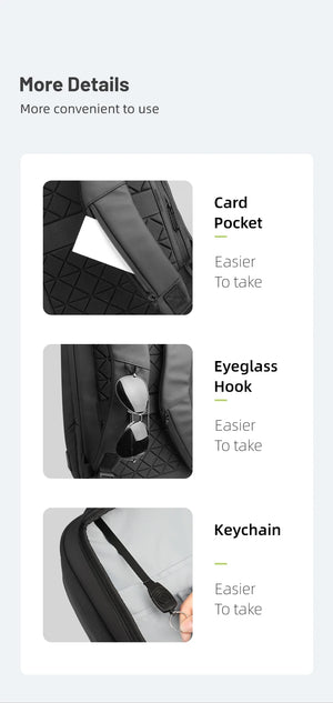Black backpack with card pocket, eyeglass hook, and keychain holder