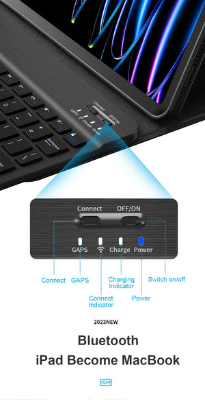 Bluetooth keyboard case control panel with connect indicator and power switch