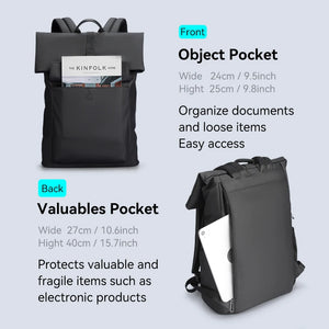 Grey roll-top backpack front object pocket and back valuables pocket with straps