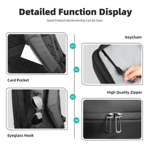 Waterproof backpack interior features: card pocket, eyeglass hook, zipper pull