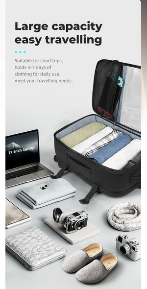 Black waterproof travel backpack with large open main compartment and laptop sleeve