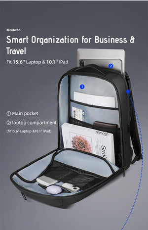 Black travel backpack open view with padded laptop sleeve and front organizer pockets
