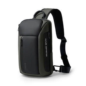 Black compact crossbody bag with front zip pocket, top carry handle, adjustable strap