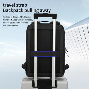 TIGERNU B9013 backpack with trolley strap opening over a rolling suitcase handle
