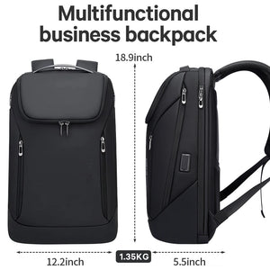 Black multi-pocket business backpack with top handle and side carry strap