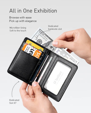 Black bifold wallet open, card slots and dedicated cash compartment.