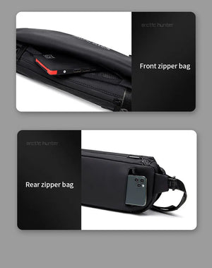 Black crossbody bag with front zipper pocket and rear zipper pocket