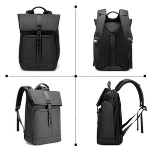Black travel backpack with top flap, adjustable shoulder straps, and front vertical zipper pull.