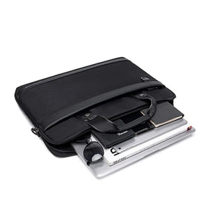 Black laptop bag with flap open, internal compartments, and elastic straps
