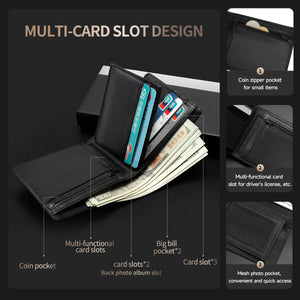 Men’s PU leather bi-fold wallet with multi-card slots, coin pocket, and bill pocket