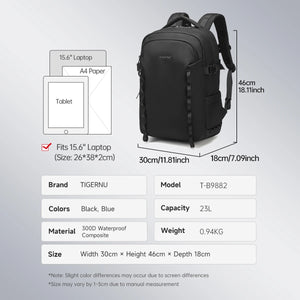 Black waterproof travel backpack with size and fit diagram, front and side measurements shown