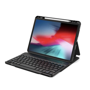 Black detachable keyboard case for iPad folded out on a stand