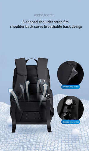 Waterproof travel backpack with S-shaped shoulder straps and side pocket sections