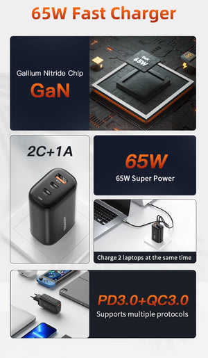 ESSAGER 65W GaN USB Charger with PPS 45W, 25W, QC3.0 and PD3.0 - Black