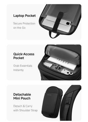 Black backpack featuring laptop pocket, quick-access pocket, and detachable mini pouch