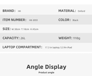 Black travel backpack product parameters: 26L capacity and 17.3-inch laptop compartment