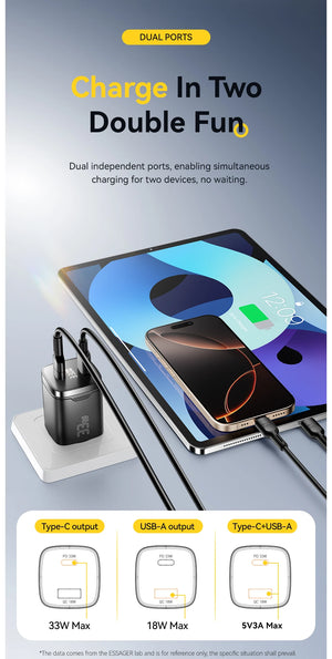 ESSAGER 33W GaN USB Charger with Digital Display and PD Fast Charging - Black