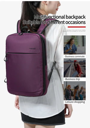 TIGERNU B9013 backpack in purple worn by person, front zipper and shoulder straps