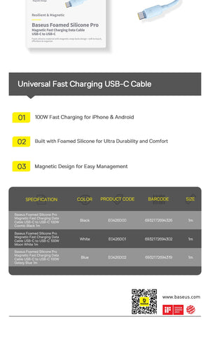 BASEUS Foamed Silicone Pro 100W Type-C to Type-C Magnetic Coiled Charging Cable