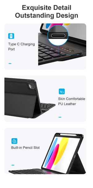 Black folio keyboard case details: Type-C charging port, comfort PU leather, pencil slot
