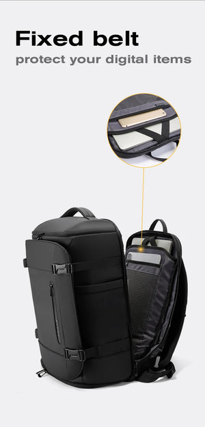 Waterproof backpack side view with fixed belt strap, front zip pocket, and padded back panel