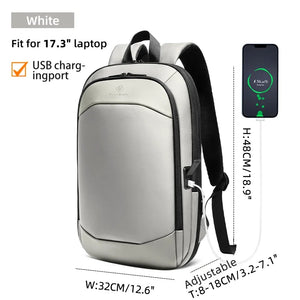 White backpack with front panel, padded shoulder straps, and side USB charging port