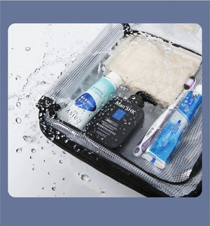 Water-resistant mesh pocket with toiletries and bottles inside, arranged neatly for travel