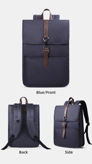 Blue backpack view: front flap with buckled strap, plus back and side views