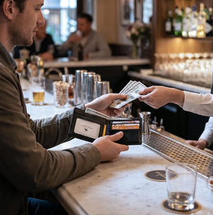 Black bifold card wallet held open at a bar counter with cards visible