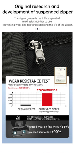 Waterproof backpack zipper track with metal slider and reinforced fabric seam detail