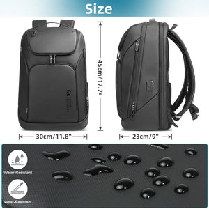 Black waterproof backpack with size dimensions and water- and wear-resistant fabric