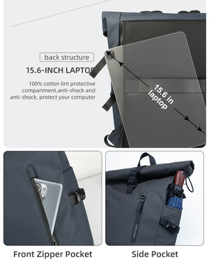 Dark roll-top waterproof backpack with front zipper pocket and side pocket