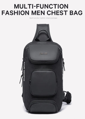 Black compact crossbody sling bag with top handle and front zip pockets.