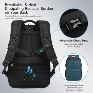 Black waterproof travel backpack with breathable mesh back panel and adjustable chest strap