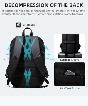 Black travel backpack with padded back, breathable straps, luggage sleeve, and hidden pocket