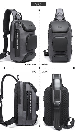 Grey crossbody sling bag showing front, side, and back views with zip pockets.