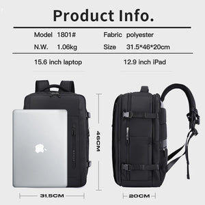 Black BANGE travel backpack with top handle, front straps, and side pocket zips