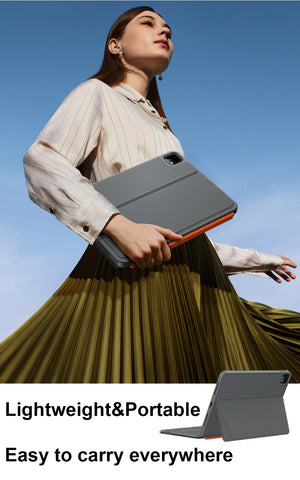 Gray portable keyboard case worn with folio stand, tablet upright and keyboard detached