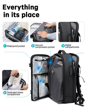 Black travel backpack with open compartments and side pocket, shown from front-right