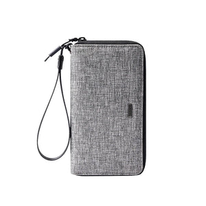 Men's long clutch wallet with wrist strap, textured gray fabric and zipper closure