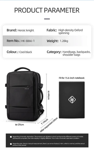 Black waterproof travel backpack with front panel, top handle, and side straps