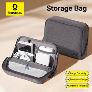 Baseus storage bag with electronic devices on a beige background