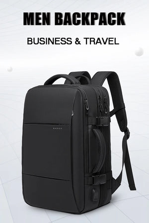 Black expandable travel backpack front view with top carry handle and side strap details
