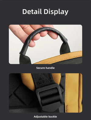 Compact backpack with secure webbed carry handle and adjustable buckle detail in yellow
