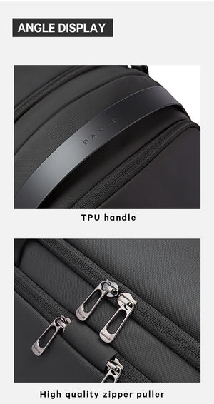 Black waterproof duffle bag close-up of zipper pulls and textured fabric panel