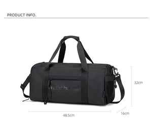 Waterproof duffel bag in black with two side zippers and top carry handles